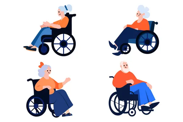 Ręcznie Rysowane Starszy Charakter Siedzi Wózku Inwalidzkim Płaskim Stylu Izolowane — Wektor stockowy