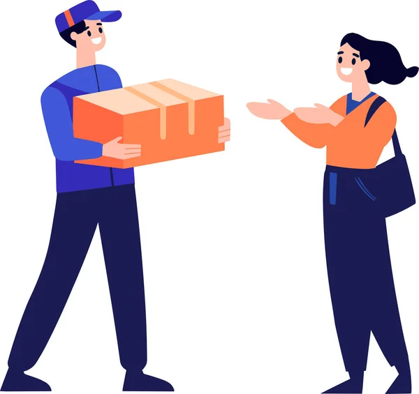 Hand Drawn Delivery Man Delivering Package Customer Flat Style Isolated — Stock Vector