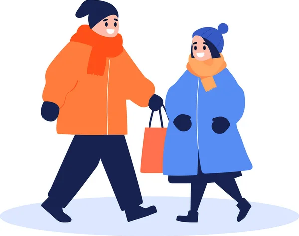 Hand Drawn Couple Wearing Winter Clothing Walks Path Filled Snow — Stock Vector