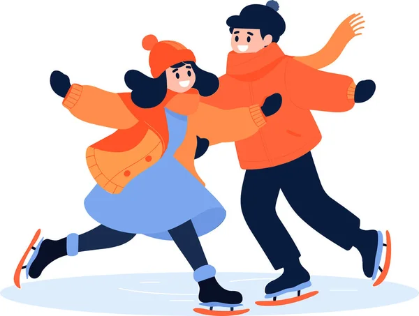 Hand Drawn Couple Character Playing Ice Skating Winter Flat Style — Stock Vector