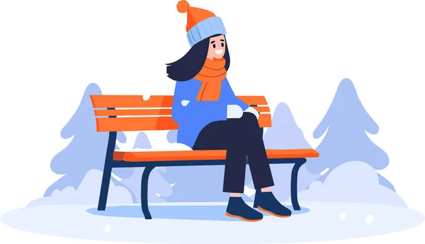 Handgezeichnete Charaktere Winterkleidung Sitzen Winter Auf Einer Bank Flachen Stil — Stockvektor