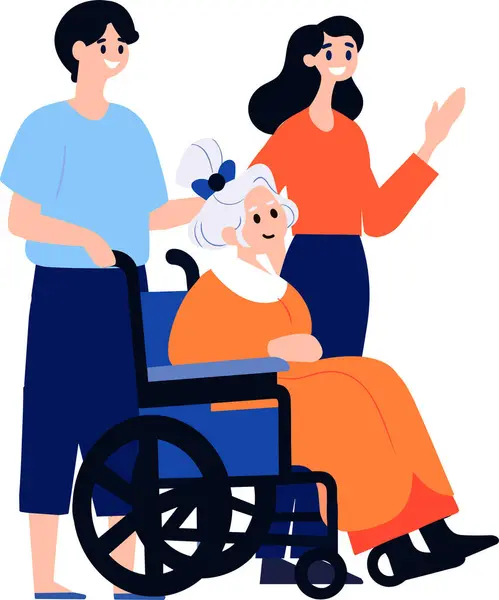 手绘的长者坐在轮椅上 而儿童则以平缓的风格坐在轮椅上 与背景隔离 — 图库矢量图片