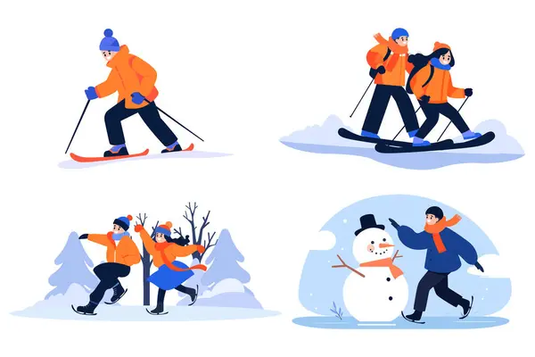 Handgezeichnetes Paar Beim Schlittschuhlaufen Winter Flachem Stil Isoliert Auf Hintergrund — Stockvektor