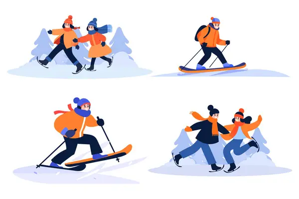 Hand Drawn Couple Character Playing Ice Skating Winter Flat Style — Stock Vector
