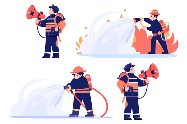 Hand Drawn Firefighter character extinguishing fire in flat style isolated on background