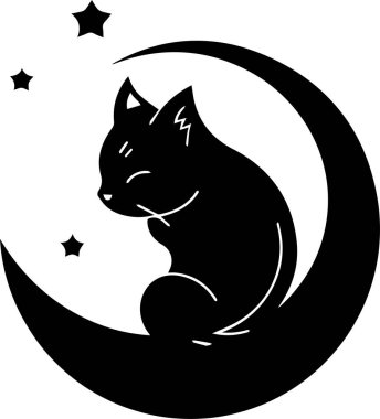 kedi ve ay logosu arka planda izole edilmiş düz çizgi sanat tarzında