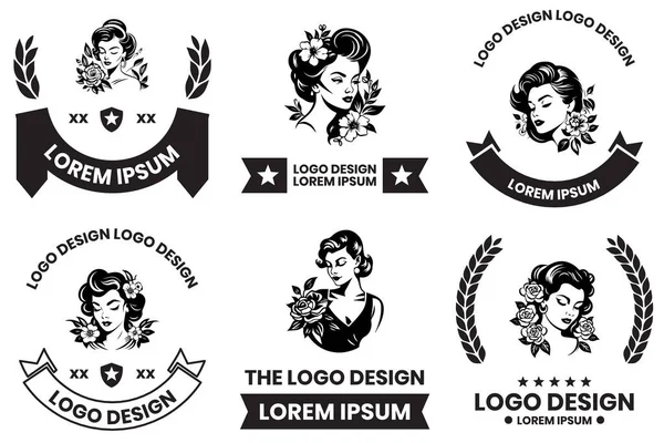 Frau Logo Mit Blumen Flacher Linie Art Stil Isoliert Auf — Stockvektor