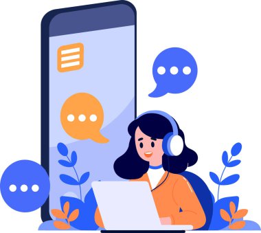 Arkaplanda düz bir şekilde izole edilmiş çevrimiçi destek kavramında akıllı telefonlu El Çizimi Çağrı Merkezi karakterleri