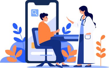 Çevrimiçi tıp kavramında akıllı telefon kullanan el yapımı doktor ve hasta karakterler arka planda izole edilmiş.