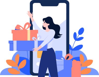 El Çizimi Kadın karakteri arka planda izole edilmiş bir şekilde online alışveriş konseptinde akıllı telefonlu bir hediye tutuyor.