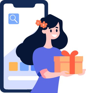El Çizimi Kadın karakteri arka planda izole edilmiş bir şekilde online alışveriş konseptinde akıllı telefonlu bir hediye tutuyor.