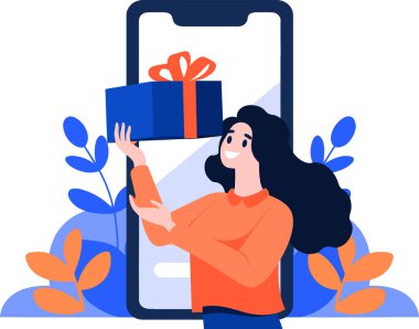 El Çizimi Kadın karakteri arka planda izole edilmiş bir şekilde online alışveriş konseptinde akıllı telefonlu bir hediye tutuyor.