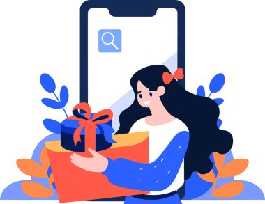 El Çizimi Kadın karakteri arka planda izole edilmiş bir şekilde online alışveriş konseptinde akıllı telefonlu bir hediye tutuyor.