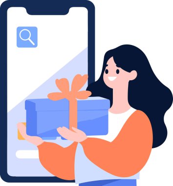 El Çizimi Kadın karakteri arka planda izole edilmiş bir şekilde online alışveriş konseptinde akıllı telefonlu bir hediye tutuyor.
