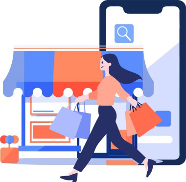 El Çizimi Kadın karakteri arka planda izole edilmiş bir şekilde online alışveriş konseptinde akıllı telefonlu bir hediye tutuyor.
