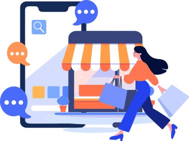 El Çizimi Kadın karakteri arka planda izole edilmiş bir şekilde online alışveriş konseptinde akıllı telefonlu bir hediye tutuyor.