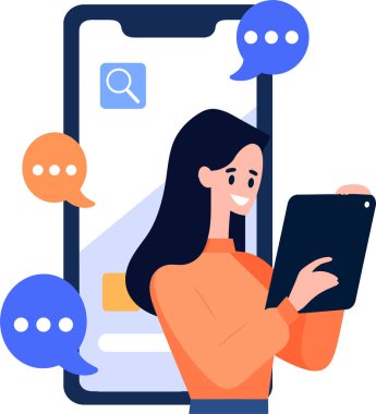 El Çizimi Kadın karakteri arka planda izole edilmiş bir şekilde çevrimiçi iletişim konseptinde akıllı telefonla konuşuyor.