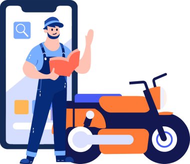 Çevrimiçi tamir teknisyeni kavramında arka planda izole edilmiş, akıllı telefonlu el çizimi motorsiklet mekaniği karakteri