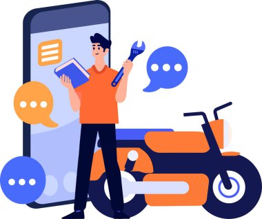 Çevrimiçi tamir teknisyeni kavramında arka planda izole edilmiş, akıllı telefonlu el çizimi motorsiklet mekaniği karakteri