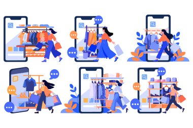 El Çizimi Kadın karakteri arka planda izole edilmiş bir şekilde online alışveriş konseptinde akıllı telefonlu bir hediye tutuyor.