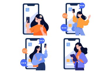 El Çizimi Kadın karakteri arka planda izole edilmiş bir şekilde çevrimiçi iletişim konseptinde akıllı telefonla konuşuyor.