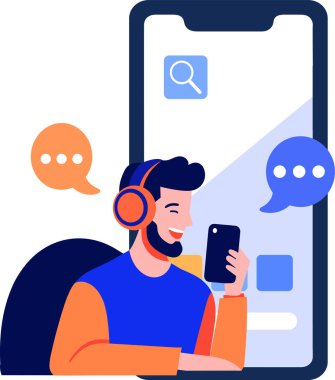 Arkaplanda düz bir şekilde izole edilmiş çevrimiçi destek kavramında akıllı telefonlu El Çizimi Çağrı Merkezi karakterleri