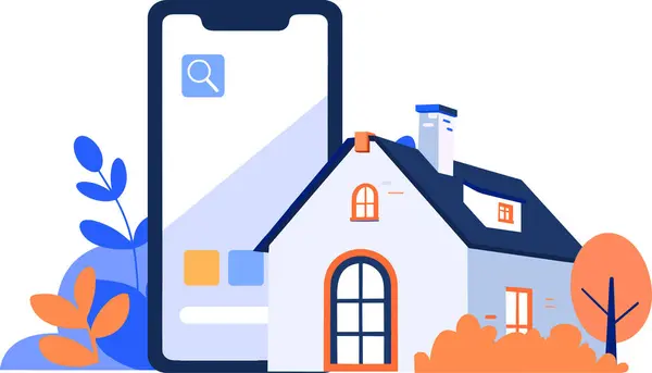 Handgezeichnetes Haus Oder Geschäft Mit Einem Smartphone Konzept Von Immobilien — Stockvektor