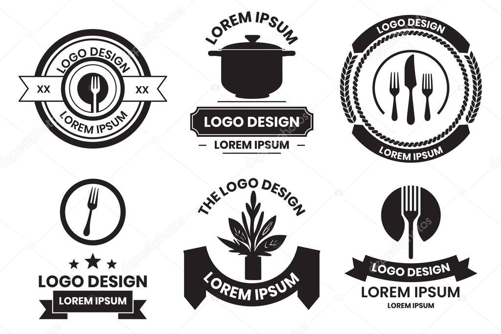 Fork and kitchen equipment logo for restaurant in vintage style isolated on background