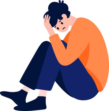 El yapımı genç karakter, arka planda izole edilmiş düz bir şekilde depresyona girmiş.