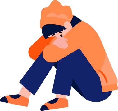 El yapımı genç karakter, arka planda izole edilmiş düz bir şekilde depresyona girmiş.