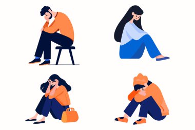 El yapımı genç karakter, arka planda izole edilmiş düz bir şekilde depresyona girmiş.