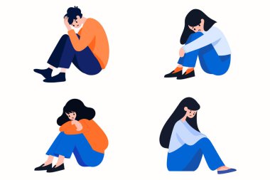 El yapımı genç karakter, arka planda izole edilmiş düz bir şekilde depresyona girmiş.