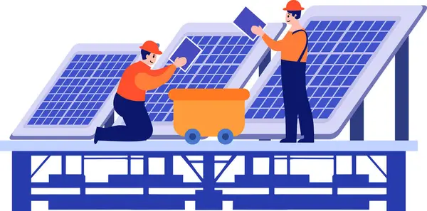 stock vector Hand Drawn Engineer installing solar cells in flat style isolated on background