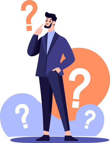 Hand Drawn Businessman with question mark in flat style isolated on background