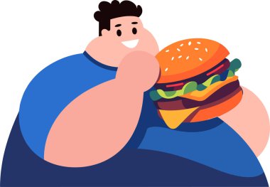Hamburger yiyen şişman adam arka planda izole edilmiş.