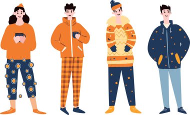 Arka planda izole edilmiş pijama giyen insanlar