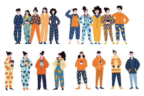 Mensen Met Een Pyjama Collectie Platte Stijl Achtergrond — Stockvector