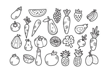 Arka planda el yapımı sebzeler ve düz stil meyveler izole edilmiş.