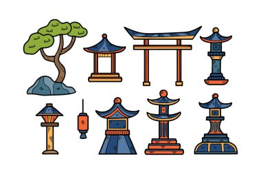 El yapımı Japon ve Çin tarzı pavyonlar veya arka planda izole edilmiş pagodalar.