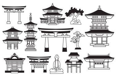 El yapımı Japon ve Çin tarzı pavyonlar veya arka planda izole edilmiş pagodalar.