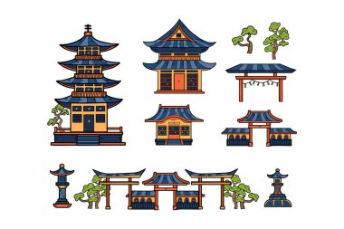 El yapımı Japon ve Çin tarzı pavyonlar veya arka planda izole edilmiş pagodalar.