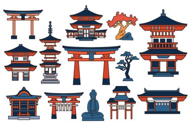 El yapımı Japon ve Çin tarzı pavyonlar veya arka planda izole edilmiş pagodalar.