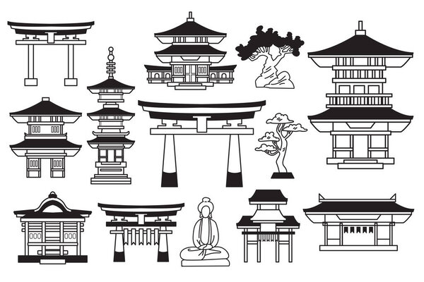Hand Drawn Japanese and Chinese style pavilions or pagodas in flat style isolated on background