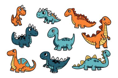 Farklı boylarda ve renklerde karikatür dinozorları koleksiyonu. Dinozorlar büyük gözleri ve gülümseyen yüzleriyle çizilirken, görüntü neşeli ve kaprisli bir ruh hali sergiliyor. Renklerin çeşitliliği