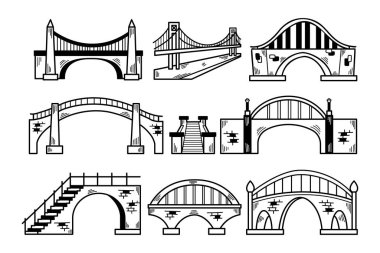 Bir yaya köprüsü, bir asma köprü ve bir kablo köprüsü de dahil olmak üzere dokuz farklı renkli köprü seti.