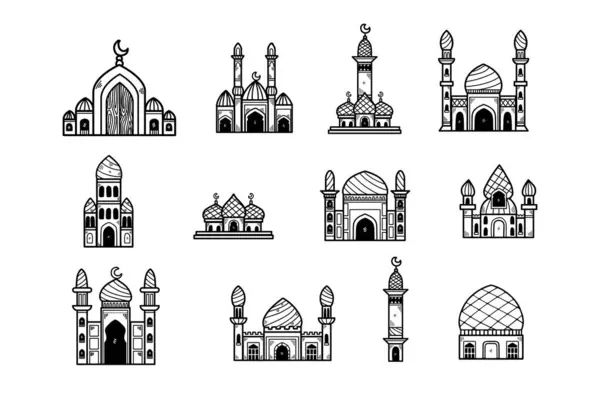 有拱门和圆顶的建筑物 其中一些是清真寺 这些建筑物有各种颜色和大小 并以网格形式排列 场景是多样化的 — 图库矢量图片