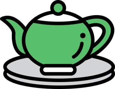 Çaydanlık ve çay tabağının siyah beyaz çizimi. Çaydanlık bir çay tabağının üzerinde duruyor ve tepesinde de bir kapak var. Sakinlik ve rahatlama kavramı, çaydanlık gibi.