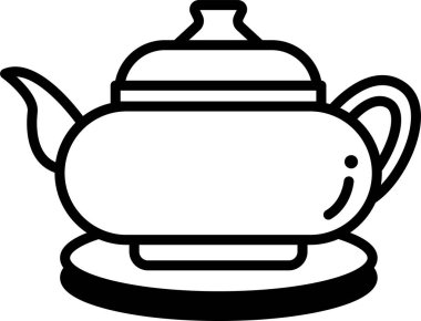 Çaydanlık ve çay tabağının siyah beyaz çizimi. Çaydanlık bir çay tabağının üzerinde duruyor ve tepesinde de bir kapak var. Sakinlik ve rahatlama kavramı, çaydanlık gibi.