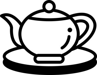 Çaydanlık ve çay tabağının siyah beyaz çizimi. Çaydanlık bir çay tabağının üzerinde duruyor ve tepesinde de bir kapak var. Sakinlik ve rahatlama kavramı, çaydanlık gibi.