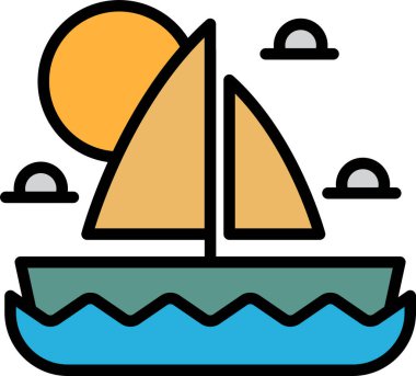 Suda bir yelkenlinin siyah beyaz çizimi. Tekne arka planda güneşle birlikte okyanusta yüzüyor.